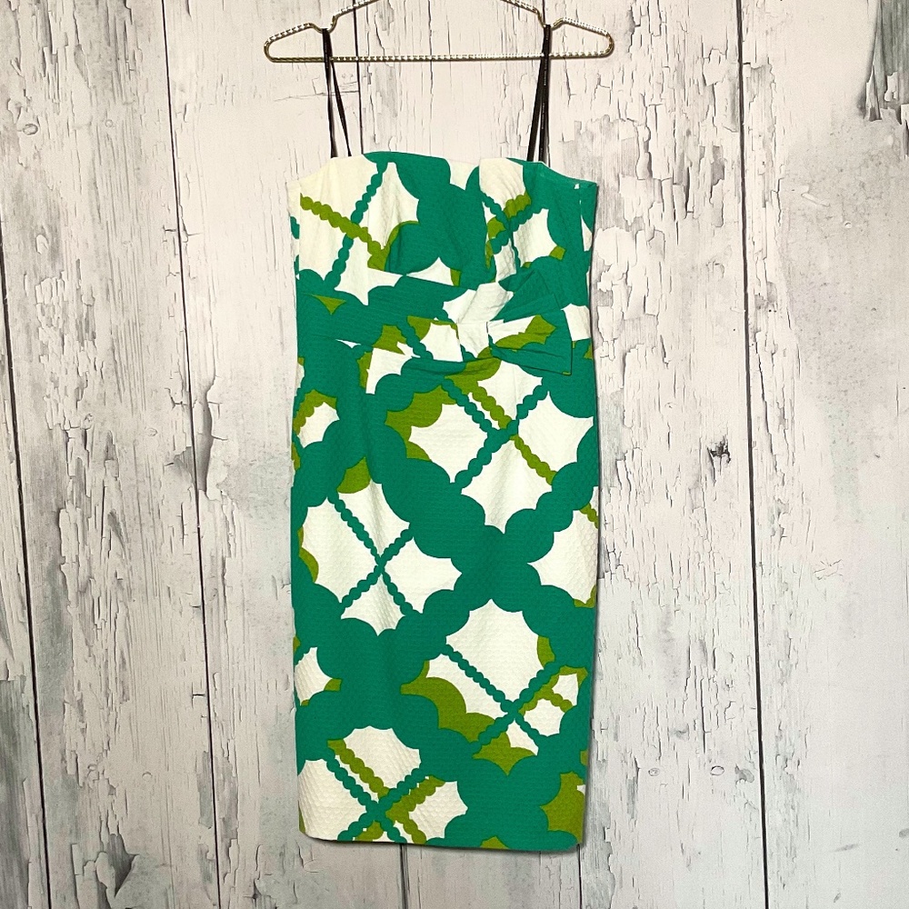 David Meister Green-White Strapless Dress Sz 8 NWOT